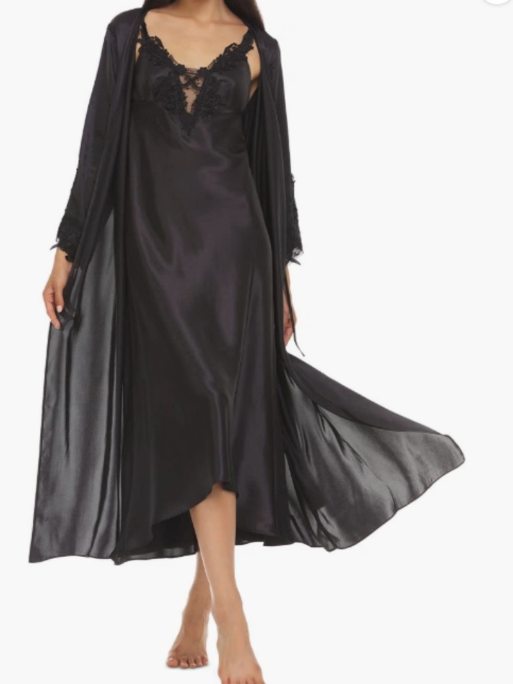 Flora by Flora Nikrooz Stella Satin Venise Trim Robe - Black Size S/M 12385